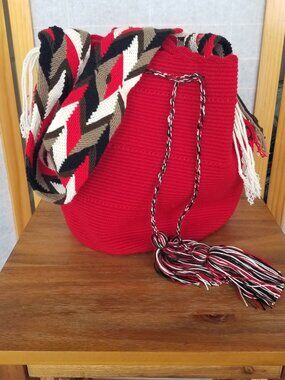 Wayuu Bag Mochilla Red Handwoven Colorful Straps Tassel Bucket Boho Bag